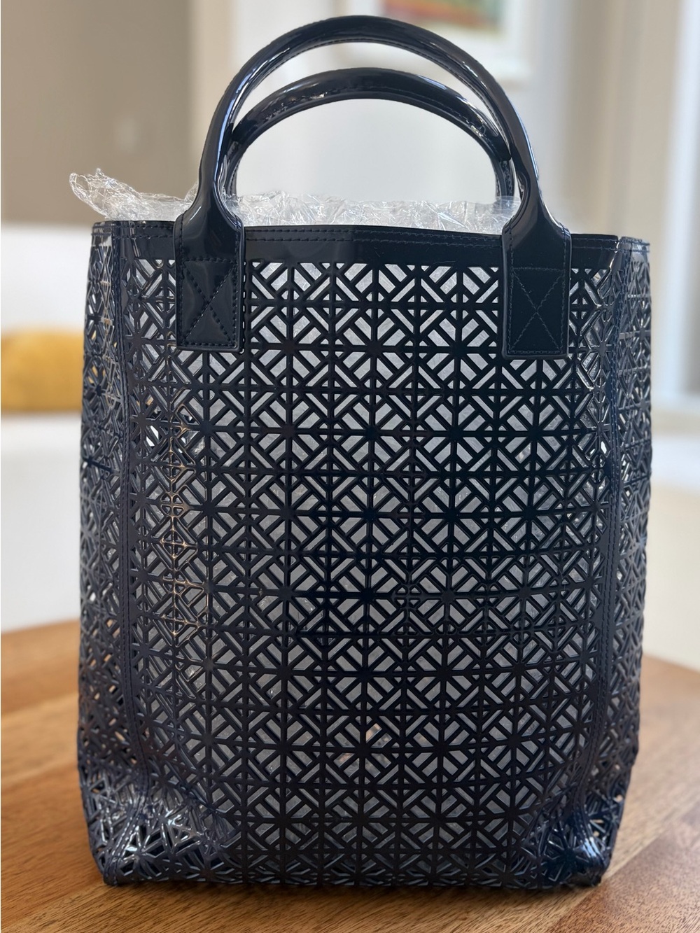 Tory Burch Navy Blue Laser Cut PVC Tote Bag Patent Glossy Geometric Carryall